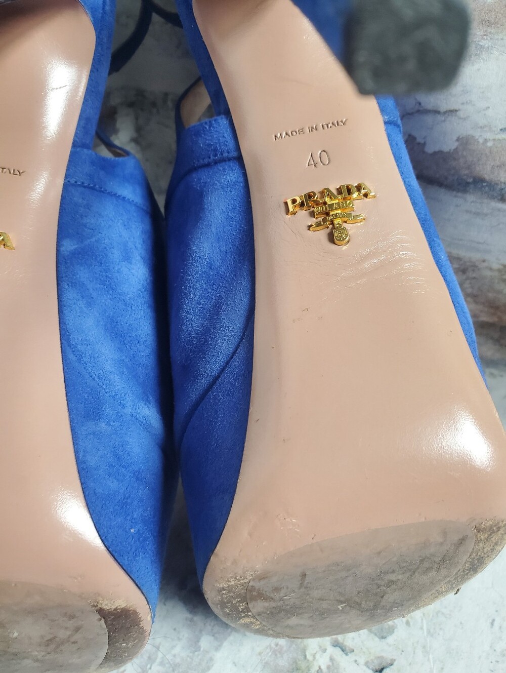 PRADA Cobalt Blue Suede Platform Peep-Toe Slingback Heels Size 40 - Picture 13 of 16